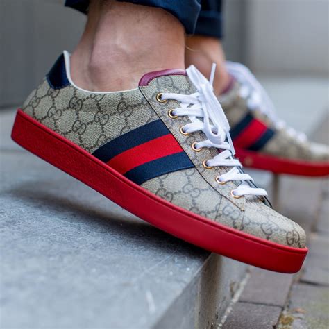 gucci ace gg on feet|Men's Gucci Ace sneaker with Web in beige and blue GG .